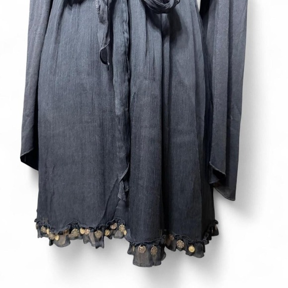 Vintage Black Mini Silk Dress Spencer Jeremy Deep V Boho Chic CottageCore - Picture 3 of 6